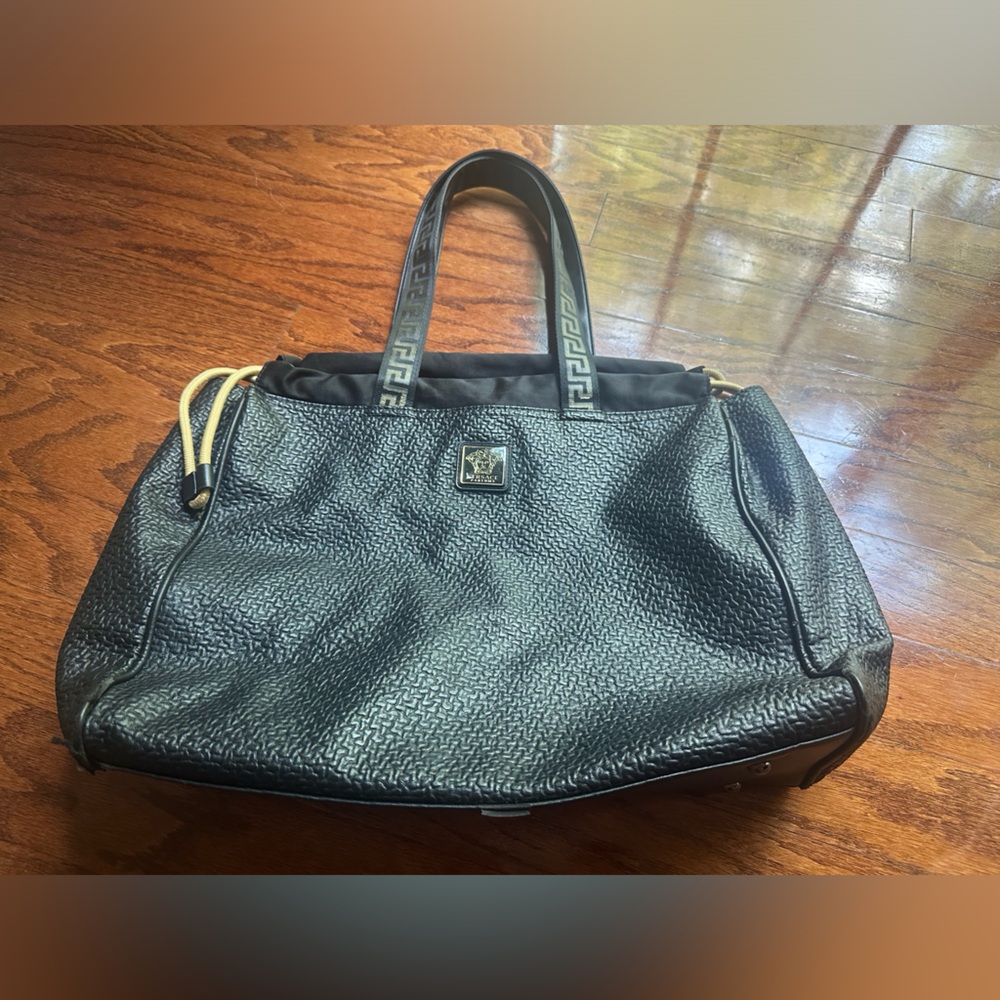 Versace Black Perfume Textured Tote with Gold-Tone Accents Bag